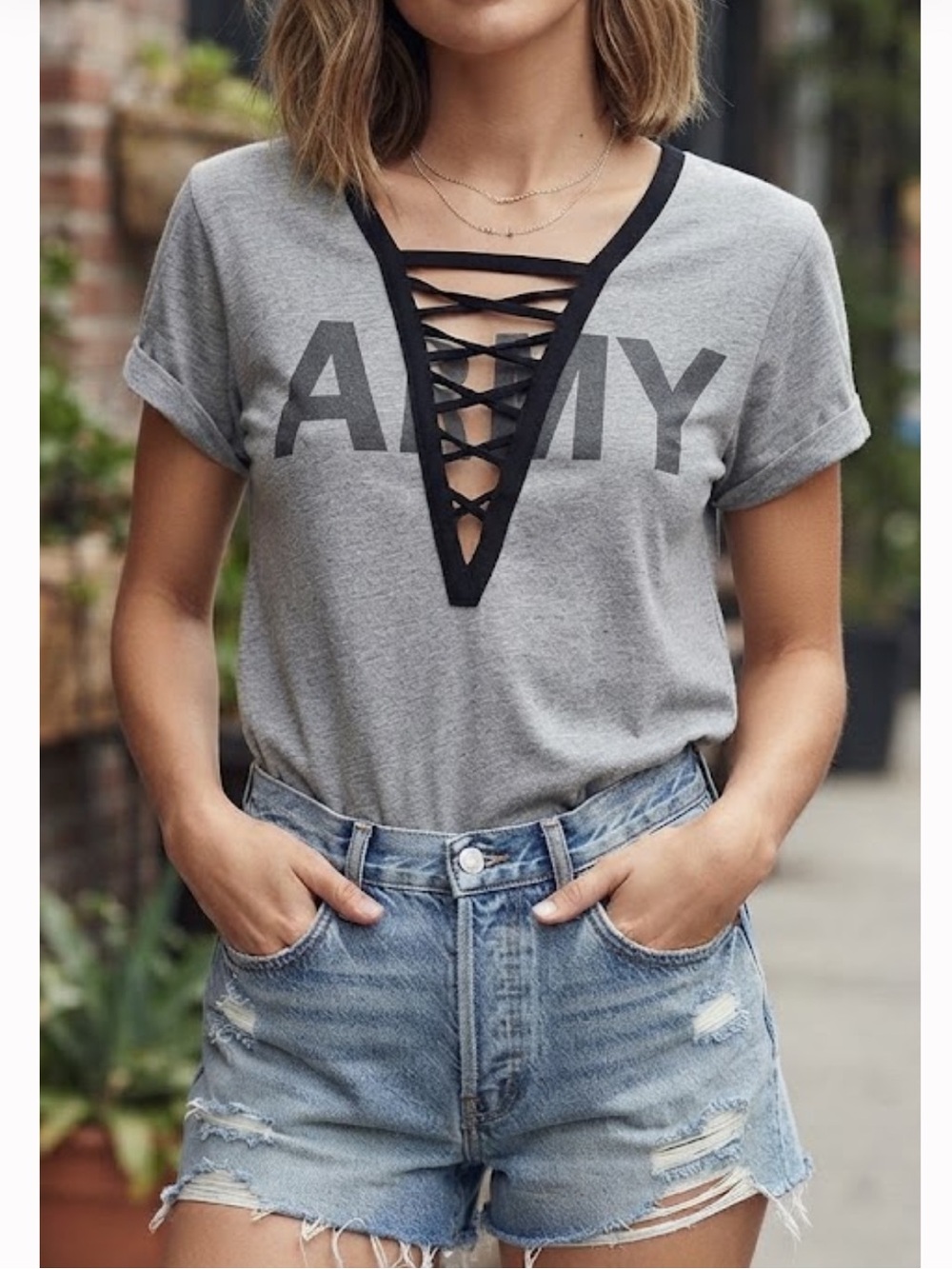 BETTER BE Army Tee Deep V Neck Ladder Lace Up Caged Graphic T-shirt Large